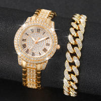 Reloj De Mujer 2PCS Moda Diamante Oro Reloj De Pulsera Lujo Con Rhinestone Reloj De Cuarzo De Aleación De Metal Dial Romano - details 0