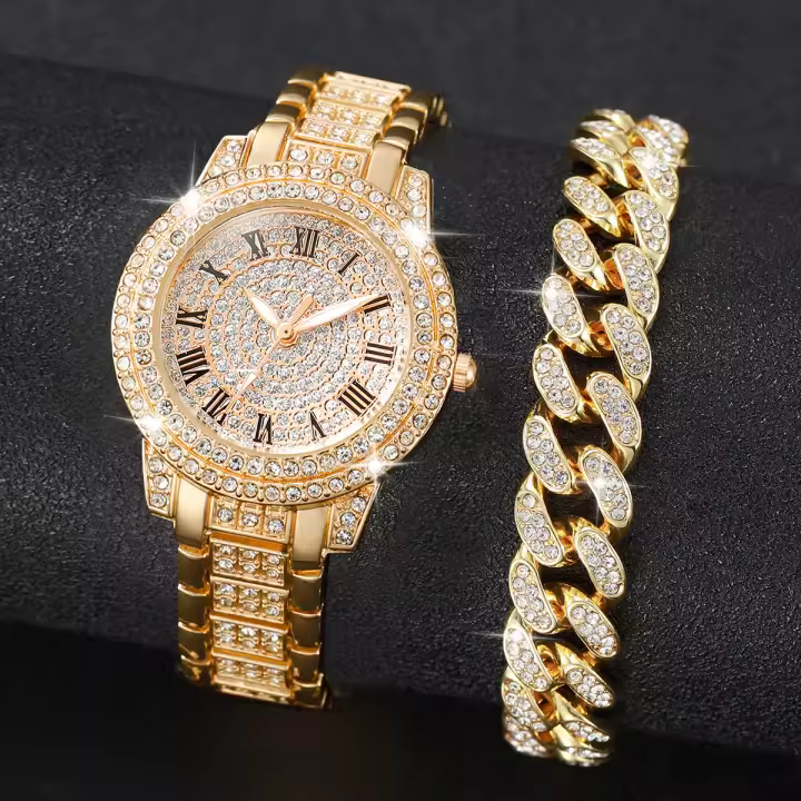 Reloj De Mujer 2PCS Moda Diamante Oro Reloj De Pulsera Lujo Con Rhinestone Reloj De Cuarzo De Aleación De Metal Dial Romano - 1