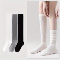 3 Pares De Medias Altas Para Mujer Transpirables Y Ligeras En Beige Blanco Negro Y Gris Medias Largas De Poliéster Para Otoño E Invierno - details 0
