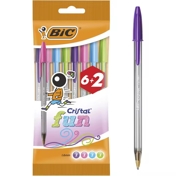 BIC Cristal Fun Bolígrafos Punta Ancha (1,6 mm) – Colores Surtidos, Blíster de 6+2 Unidades - 1