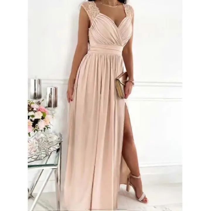 Mujeres color sólido una línea delgada V cuello sin mangas encaje patchwork backless split Maxi vestido largo - 1