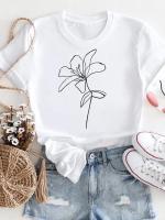 Camiseta Blanca Con Estampado De Flores Para Mujer Casual Top De Verano Manga Corta Moda Graphic T-Shirt Polyester Stretch - details 0
