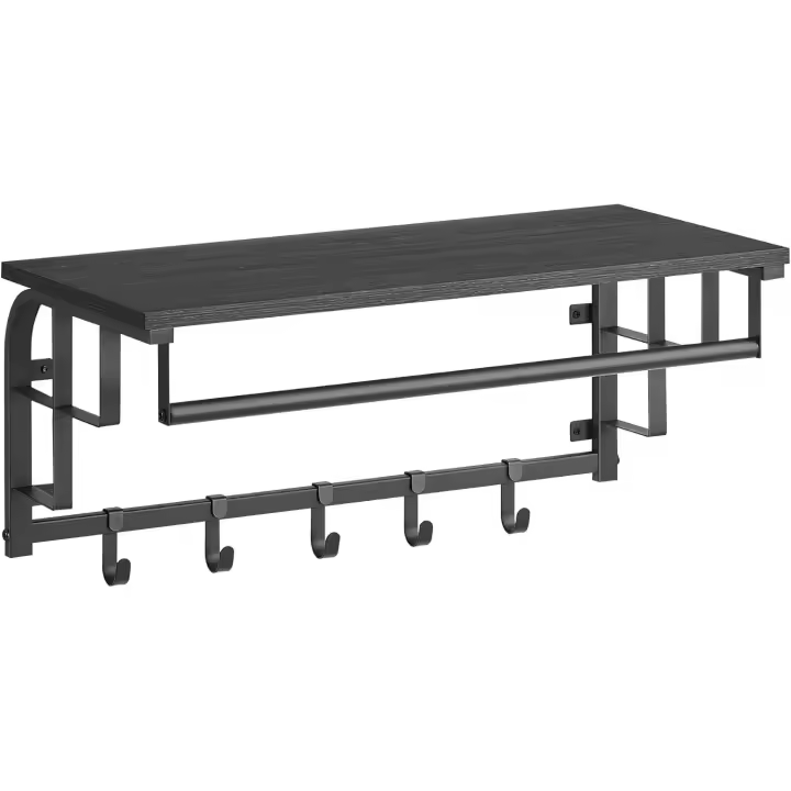 VASAGLE Perchero de Pared, Perchero Colgante con 5 Ganchos Extraíbles, Estante Montado en Pared, Barra de Colgar, para Pasillo, Dormitorio, Sala de Estar, Gris Antracita y Negro/ Roble Dorado y Blanco Nube - 1