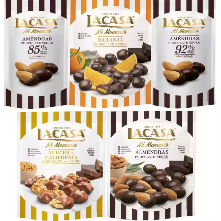 Lacasa Mi Momento pack de 5:Almendra 92% ,Almendra 85% ,Nueces Chocolate Leche,Almendra Chocolate Negro ,Naranja Chocolate Negro - 1