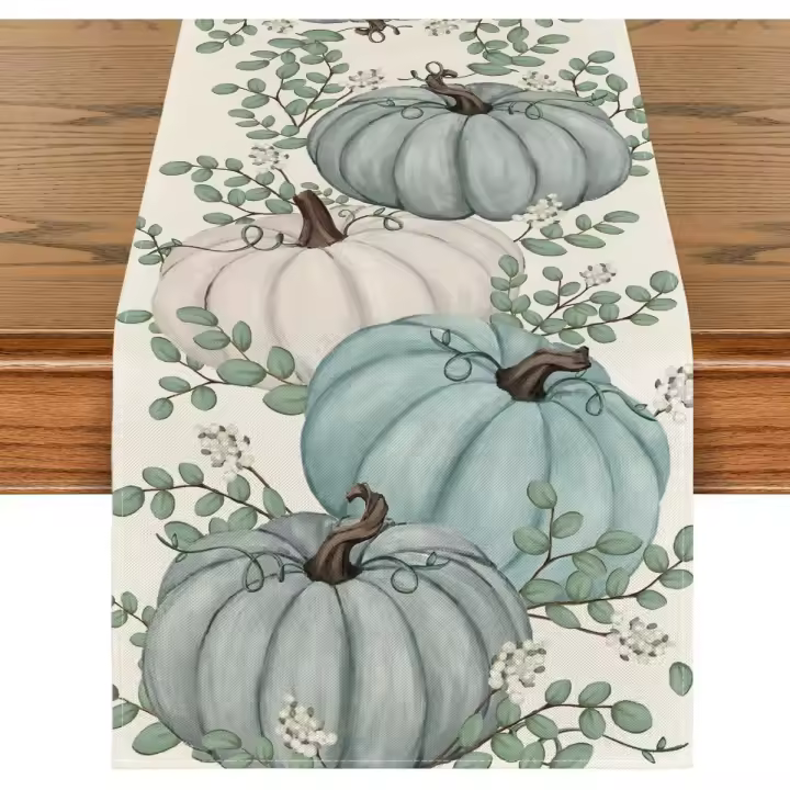 Chimenea con hojas de eucalipto y calabazas, decoración de mesa de comedor de cocina de temporada de otoño para decoración de fiesta en casa, 13 x 72 - 1