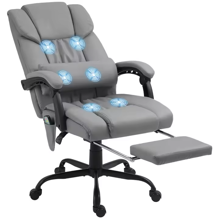 Vinsetto Silla de oficina de masaje Vinsetto, silla de escritorio, silla ergonómica con reposapiés, altura ajustable, respaldo reclinable y control remoto con cable, tapizado de tela sintética gris - 1