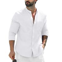 Camisa De Lino Para Hombre De Color Sólido Con Cuello Erguido Casual Cotton Manga Larga Botones Abiertos Estilo Beach - details 2