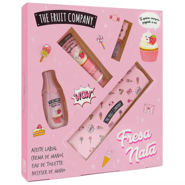 The Fruit Company Set Pack Regalo Fresa y Nata, Aceite Labial, Crema de Manos, Colonia Eau de Toilette, Neceser de Mano. Edición Navidad. - 1
