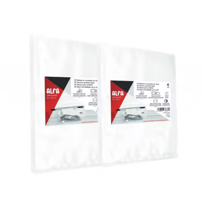 2 Pack de 50 Bolsas Alfa para envasar al vacío 20x30 cm (100 unds) 90 micras de grosor, Alta densidad (80,5 g/m2) - 1