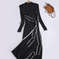 Vestido Bandage Tejido Vintage Para Mujer Con Rayas Slim De Manga Larga Estilo Elegante Para Oficina Vestido Irregular De Cuello Alto Casual De Otoño - details 11