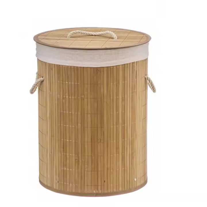 newty Cesto de Bambú con Tapa para la Ropa Sucia Redondo Compartimento Cubo Colada Lavandería Plegable con Asa de Cuerda Cesta de Almacenamiento Organizador Cubierta Bolsa Extraíble Laundry Basket Hamper Cuerda Trenzada Bolsa Interior Caña de Alta Calidad - 1