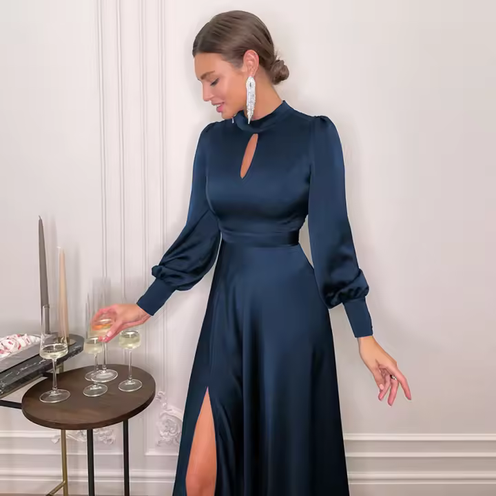 Verde 2024 Spring Satén Simulación Seda Vestido Temperament Senior Mujer Cintura Alta Falda Larga Hueca - 1