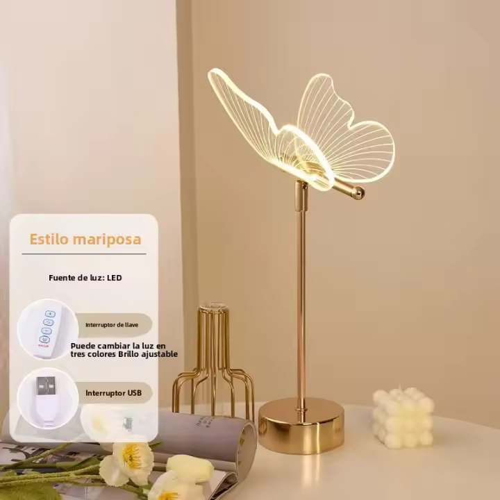 Lámpara De Mesa LED Retro Dorada Con Mariposa De Acrílico Luz De Noche Para Decoración De Habitación Y Sala De Estar Luz De Mesa Para Hotel Y Villa - 1