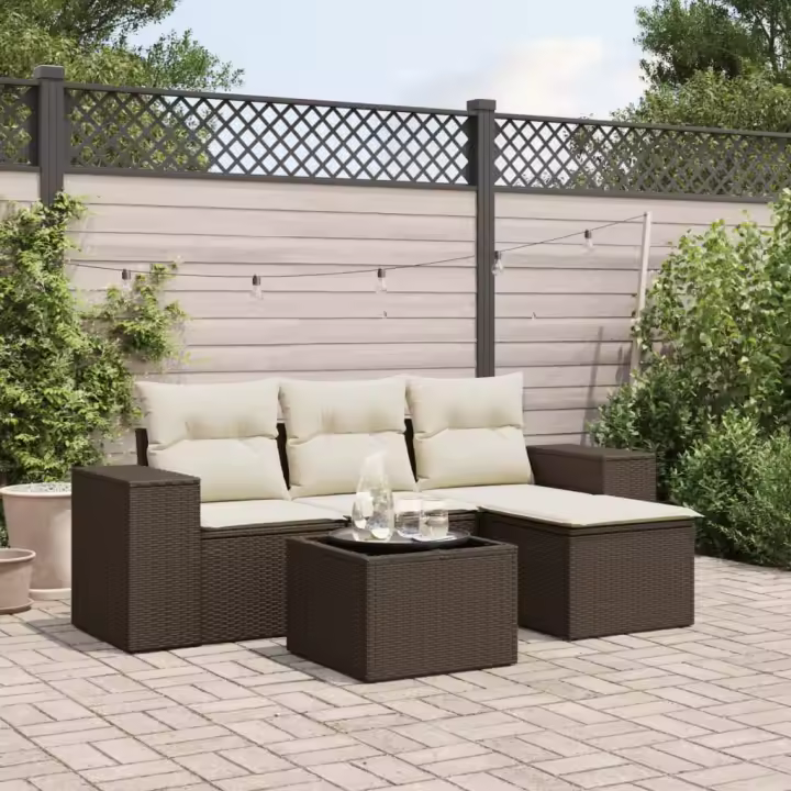 vidaXL Set comedor de jardín 5 piezas y cojines ratán sintético marrón - 1