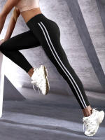 Leggings Deportivos De Ajuste Slim Para Mujer Con Rayas Lateral Alto Cintura Cómodos Para Fitness Y Uso Diario Talla Verdadera - details 4