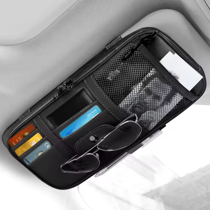 Organizador de sombrilla para Coche, Organizador de bolso de cuero con múltiples bolsos y Cremallera de Red para Tarjetas, Llaves, documentos y Gafas de Sol (Negro) - 1