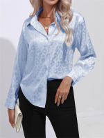 Camisa De Satén Para Mujer Con Cuello Band-collar Y Botones Manga Larga Leopardo Elegante Blusa Casual De Edad Media - details 7