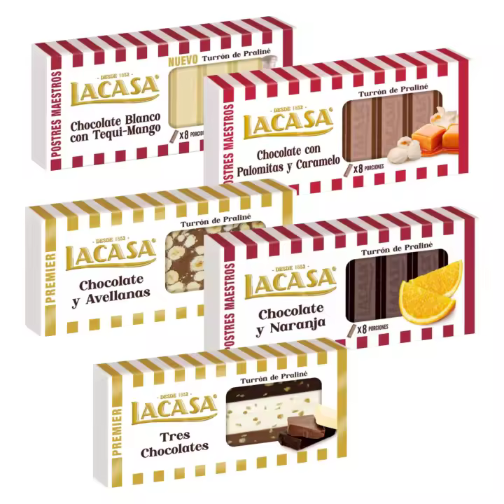 Turrones Lacasa: 5 tabletas de Turron variadas: Chocolate blanco con tequi mango, Chocolate con palomitas y caramelo, Chocolate y avellanas, - 1