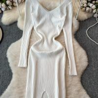Vestido Largo De Mujer Con Cuello En V Y Manga Larga Blanco Elegante Con Cierre De Lazos Estilo Callejero Alta Moda Para Otoño Y Playa - details 15