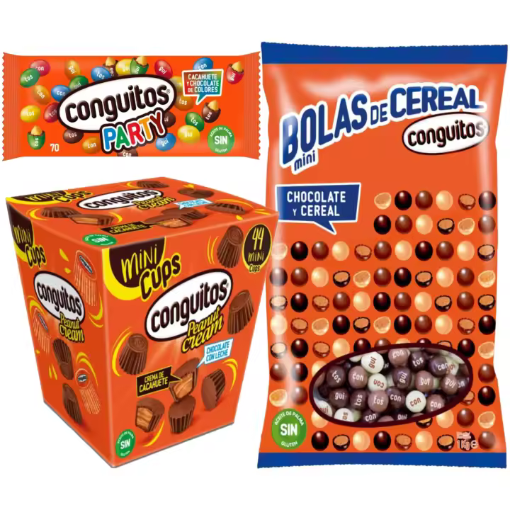 Pack Conguitos party bolsa 70g,Conguitos mini bolas cereal mix 1kg,Conguitos mini cups leche est 200g - 1