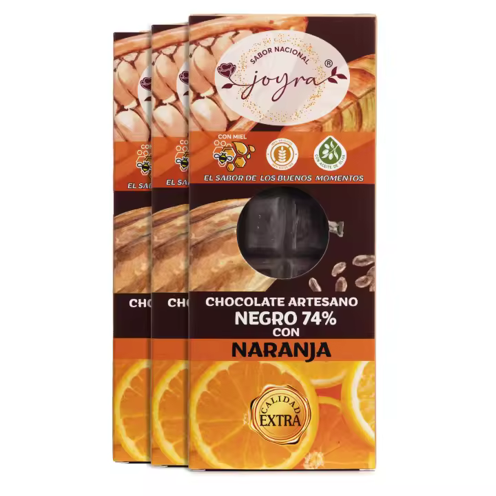 ARTE SABOR Pack 3 Tabletas de chocolate artesanal (74% Cacao) con naranja y miel, 100g cada una. 6,8x1,3x16,8 Cm. - 1
