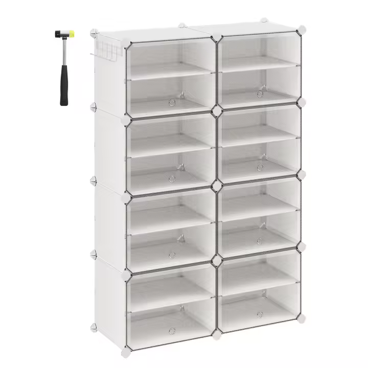 SONGMICS Mueble Zapatero Plástico, 8 Compartimentos, Zapatero Modular, Estantería Modular de Plástico, 30 x 40 x 30 cm Cada Cubo, con Puerta, Marco Acero, Panele Plástico, Blanco/Negro - 1
