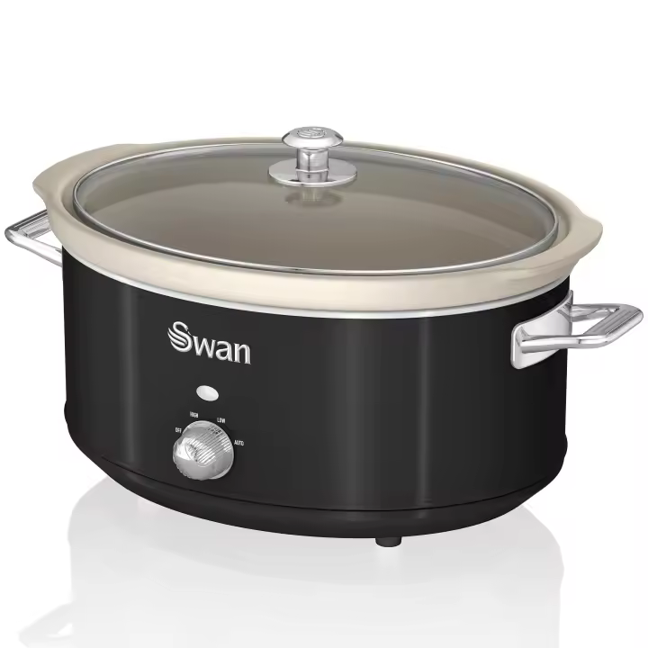 SWAN SF17031BNEU Retro Olla Cocción Lenta, 6,5L, Recipiente Extraíble Antiadherente Cerámica Libre PFOA, Vintage, 320W, Negro - 1