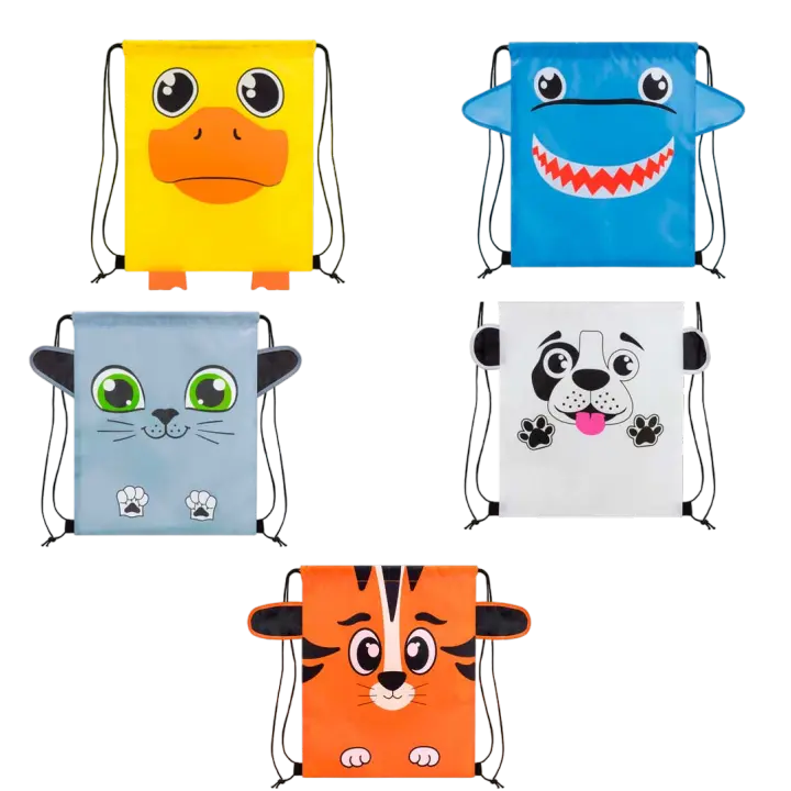 Mochilas de merienda infantiles en forma de animales. Medidas: 35 x 40,5 cm. Material: Poliéster. Perfectas para que los pequeños guarden su merienda o los juguetes. Regalos para niños y niñas en colegios, guarderías o cumpleaños o fiestas infantiles. - 1