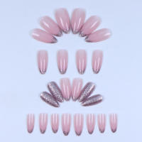 24Pcs Uñas Postizas Cortas Glitónas Estilo Francés Cabeza Redonda Cubiertas Completas Para Mujeres Uñas Press on Almendra - details 1
