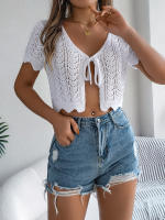 Cardigan De Punto Para Mujer Verano Otoño Ligero De Visón Manga Corta Cuello Redondo Estilo Casual Color Sólido Con Agujeros - details 4