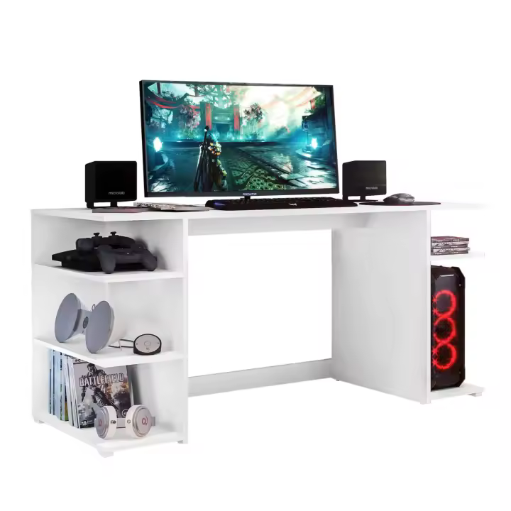 Mesa de Ordenador Tow 5H para Oficina Estilo Contemporáneo en Color Blanco con 3 Estantes y Soporte Torre - 1