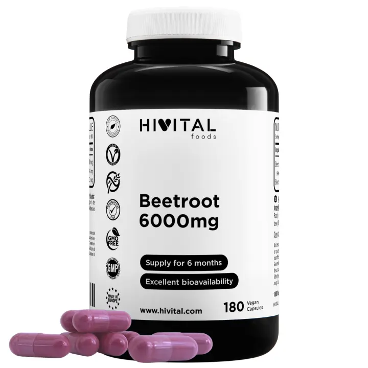 Remolacha 6000 mg. 180 cápsulas veganas para 6 meses. Natural Beetroot Extract. Potenciador de Óxido Nítrico que reduce el cansancio, y mejora el rendimiento deportivo y la salud cardiovascular. Hivital - 1
