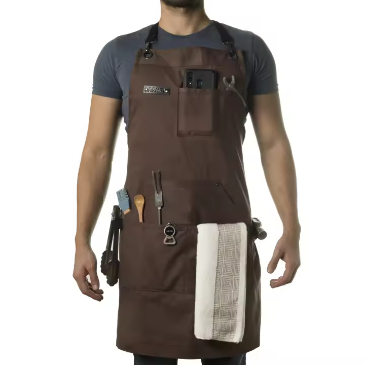 Delantal de chef, barbacoa y trabajo con abrebotellas y toalla de mano - Lona de algodón duradera de 10 oz (marrón) - 1