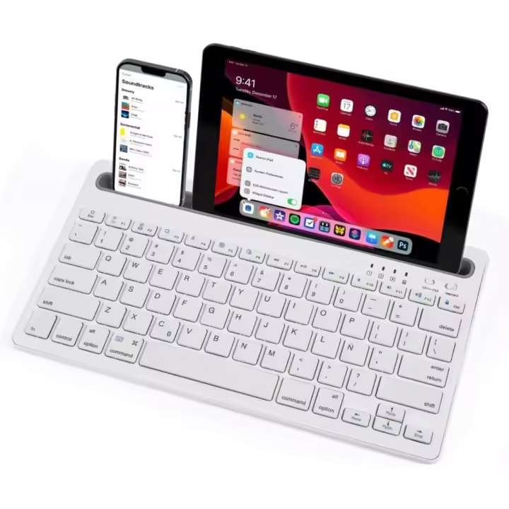 COSHANO Teclado Inalámbrico portátil con Bluetooth Ranura para Teléfono Móvil, Tableta Compatible con Ordenador portatil, PC (Blanco) - 1