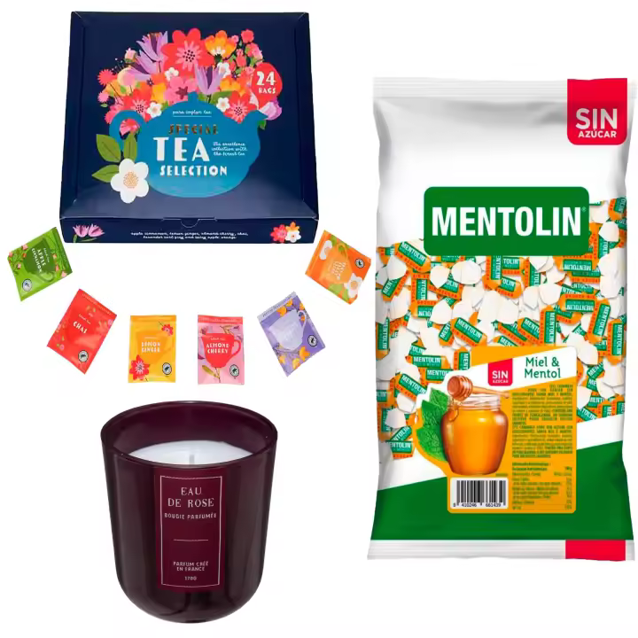 Pack surtido: MENTOLIN MIEL MENTOL S/A BOLSA 1KG + Vela perfumada rosa de silicona 170 g + Set de Te con 24 bolsitas con diferentes sabores y aromas - 1