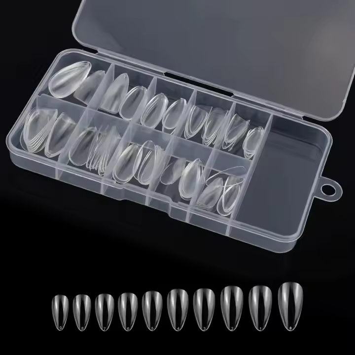 100 puntas de uñas postizas transparentes con estuche de almacenamiento, uñas de ataúd de cobertura completa en 10 tamaños para salones de uñas y arte de uñas DIY (almendra, transparente) - 1