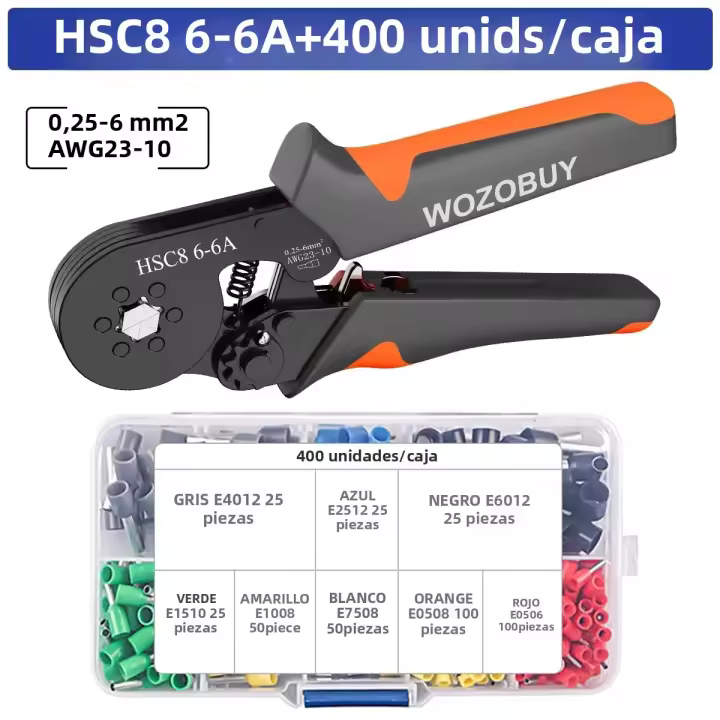 Kit De Herramienta De Enchufe Crimpador Hexagonal Autoajustable 23-10AWG 0.25-6mm² Con 400-2000 Piezas De Terminales De Cable - 1