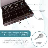 Cajón Portamonedas Caja Registradora - Apertura Automática RJ11 o Manual con Llaves - Organizador de Dinero 4 Compartimentos para Billetes 8 para Monedas - 41x41cm - Estructura Metálica - Color Negro - details 1