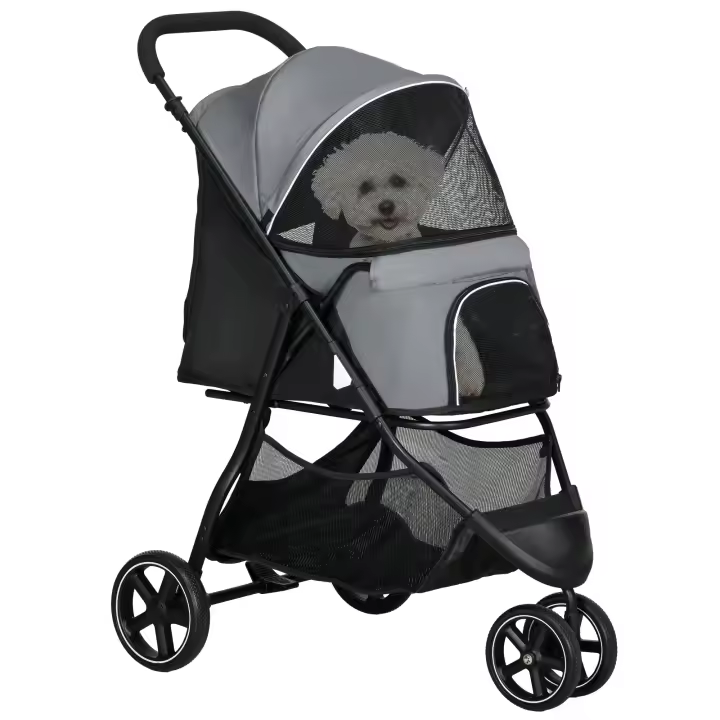 PawHut Cochecito para perros, cochecito plegable para mascotas y gatos, 2 correas, ruedas de EVA, manillar ajustable, cesta, 83 x 55 x 101 cm, gris - 1