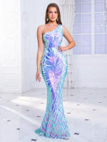 Vestido De Fiesta Largo De Encaje Con Un Hombro Sin Mangas Ajustado Para Mujer Color Azul Verde Rosa Lavanda Elegante Y Sexy - details 15