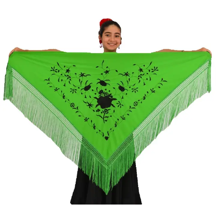 Mantón mediano color verde con bordado negro Anuka - 1