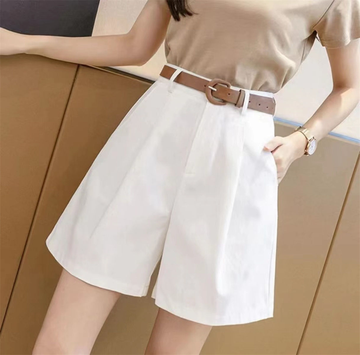 Shorts Casual Para Mujer Cintura Alta A-line Chic Para Oficina Verano Vintage Trousers Con Bolsillos Y Cordones Polyester Blended