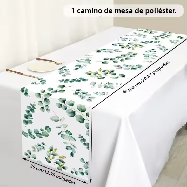 Sage Green Table Runner Hojas De Eucalipto Poliéster Decoración Para Mesa De Comedor Hogar Fiesta De Cumpleaños Baño De Bébé Boda - 1