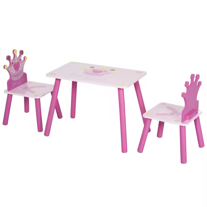 HOMCOM Juego de Mesa y 2 Sillas Infantiles de Madera Set de Mesa de Escritorio 55x34x42 cm y Sillas 28x26x50 cm para Niños 2-4 Años para Salas de Juego Dormitorio de Niño Rosa - 1