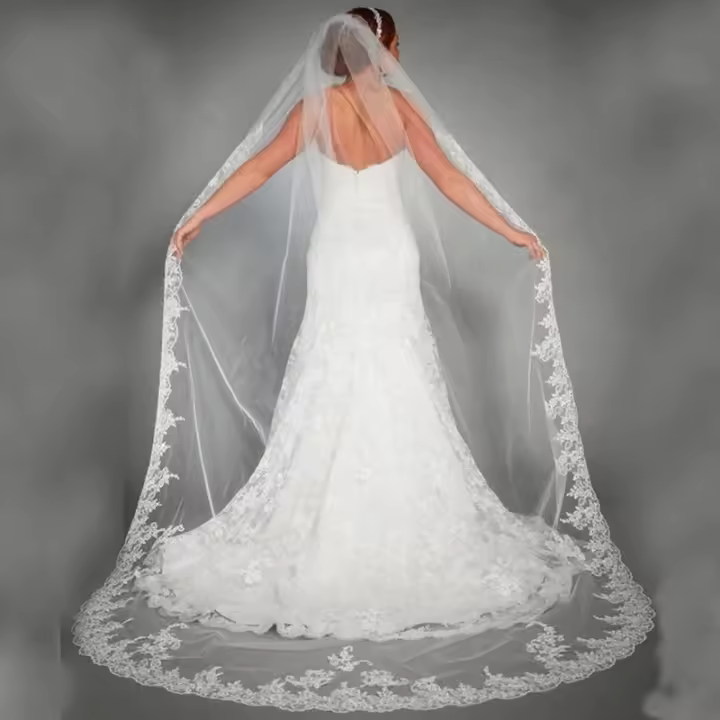 Vela De Boda Blanca De Encaje Con Aplicaciones En Tulle Longitud De Catedral 1T Vuelo De Novia Con Borde De Encaje 3 Metros Para Mujeres - 1