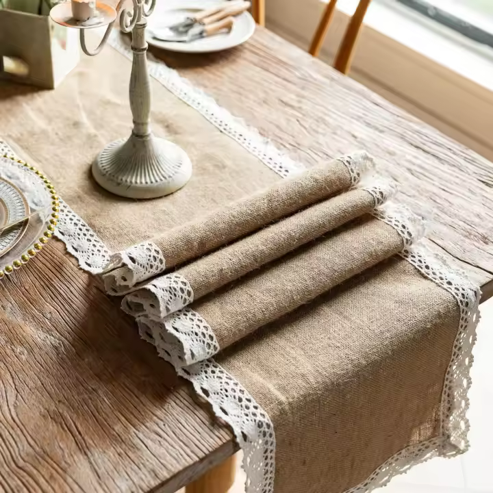 Camino de mesa de arpillera de yute con encaje de color crema, mantel rústico para mesa de té, mantelería para restaurante, cocina, decoración de fiestas - 1