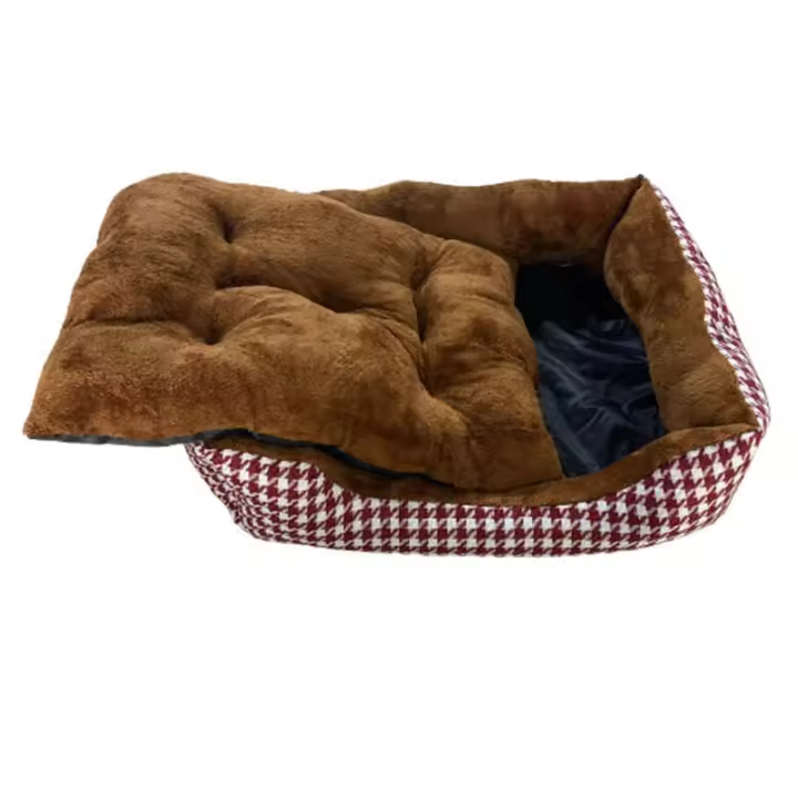 Elegante Cama de Cuadros Rojos,Azules,Ngras para Mascotas con Tejido Houndstooth y Acolchado Grueso 60x45 cm 75x50 cm 80x60 cm Fabricada en España - 1