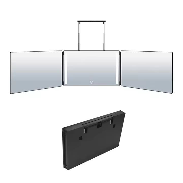 DAM. Espejo de maquillaje tríptico plegable, con luz LED. Para uso en mesa o para colgar en puertas, armarios, etc. Batería recargable. 32x4x20cm. - 1
