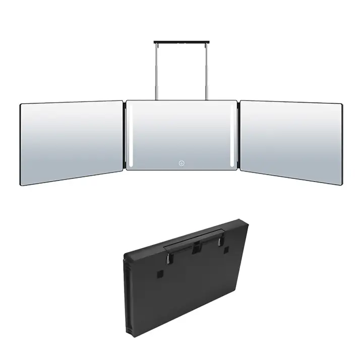 DAM. Espejo de maquillaje tríptico plegable, con luz LED. Para uso en mesa o para colgar en puertas, armarios, etc. Batería recargable. 32x4x20cm. - 1