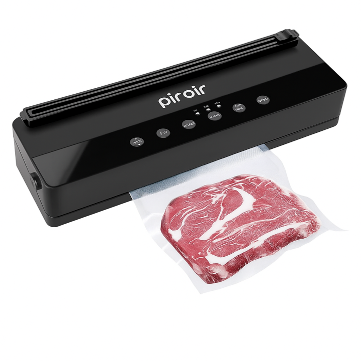 Piroir Máquina selladora al vacío, sistema de sellado automático de aire al vacío para la conservación de alimentos, cortador integrado, kit de inicio, luces indicadoras LED, modos de comida seca y húmeda, diseño compacto, 1 rollo de bolsa de vacío+5 bols